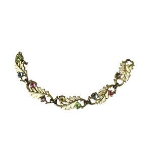 Vintage Coro Multicolor Rhinestone White Enamel Leaf Gold Tone Bracelet